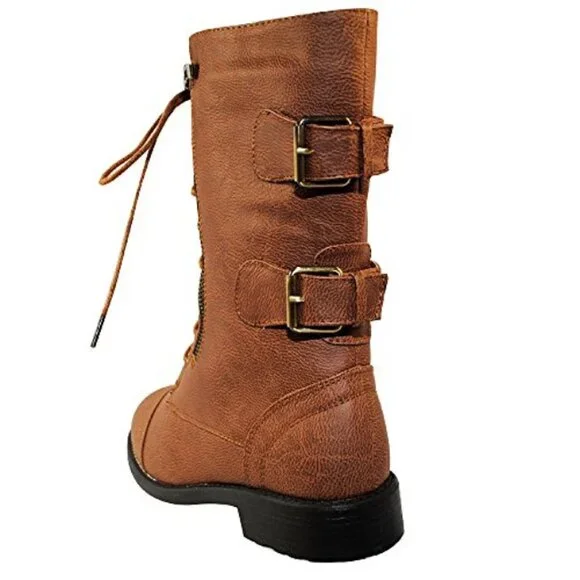 Top Moda Combat Style Lace-Up Mid-Calf Boots | Faux Leather + Buckle Detail - Picture 5 of 8